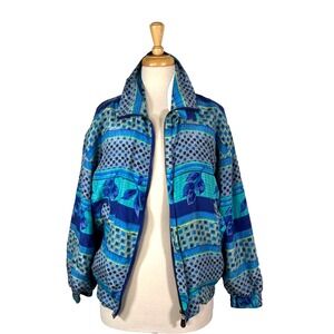 VTG FUDA International Geometric Jacket Windbreak SILK Zip Up Size S Blue Retro